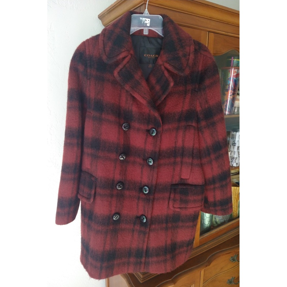 Coach Womens Plaid Wool Alpaca Blend Double Breasted Pea Coat Burgundy Black M